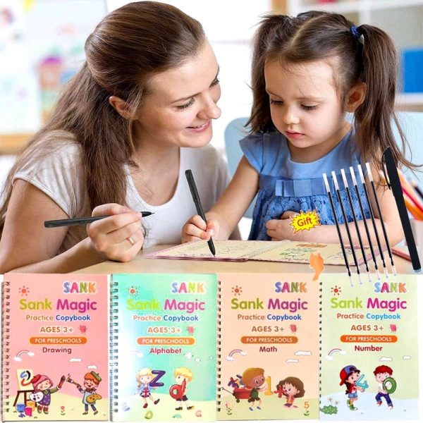 Sank Magic Book Practice | Tracing Handwriting First Pre-school Baby Learning Books For Kids (4 Books + Magic Pen With 5 Ink Refills) .