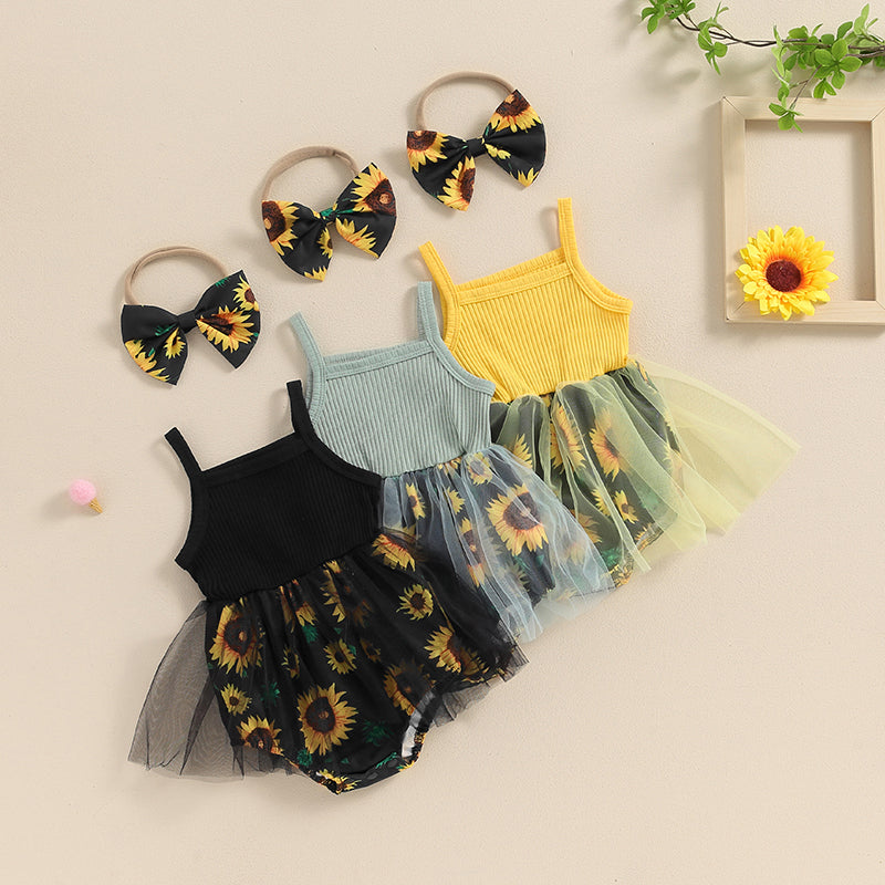 Baby Girls Rompers Dress Sunflower Print Spaghetti Strap Tulle Skirt Hem Infant Bodysuits Jumpsuit Summer Clothes with Headband.