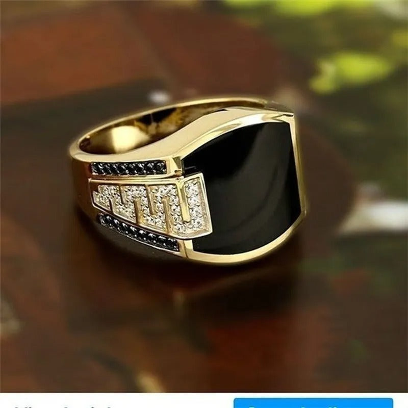 Classic Men's Ring Fashion Metal Gold Color Inlaid Black Stone Zircon Punk Rings for Men Engagement Wedding Luxury Jewelry