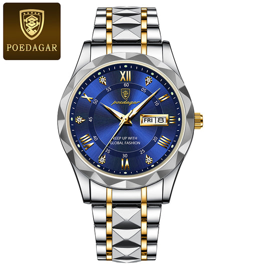 POEDAGAR Men Quartz Watch New Luxury For Man Sports Waterproof Luminous Stainless Steel Week Date Men's Watches Male Clock + Box.