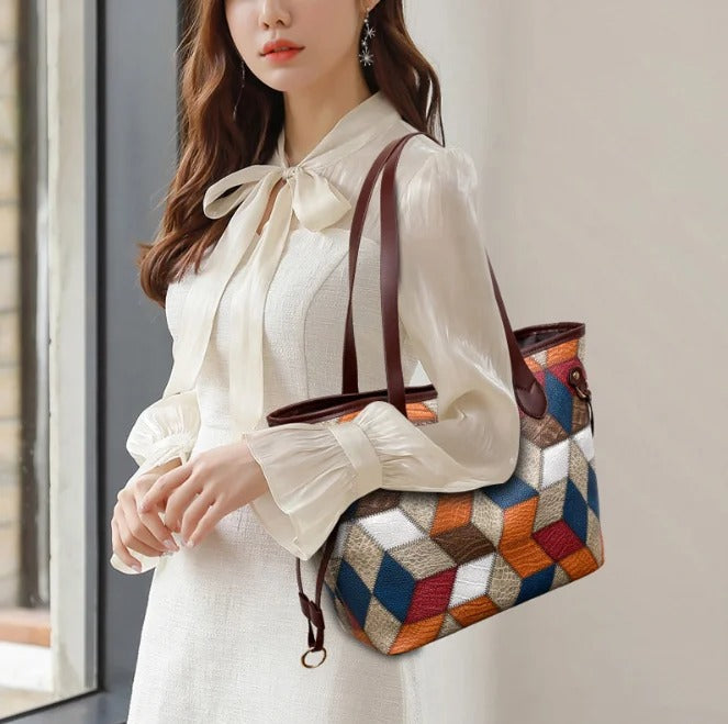 Wholesale Classic Fashion Women Shoulder Tote Hand Bag Big Capacity 2pcs in1 Handbag Set Patchwork Leather Bag for Women