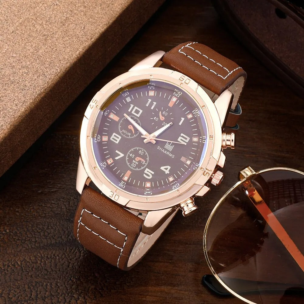 SHAARMS Men Gift Watch Business Luxury Company Mens Set 6 in 1 Watch Glasses Pen Keychain Belt Purse Welcome Holiday Birthday