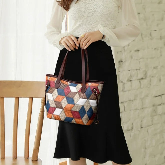 Wholesale Classic Fashion Women Shoulder Tote Hand Bag Big Capacity 2pcs in1 Handbag Set Patchwork Leather Bag for Women