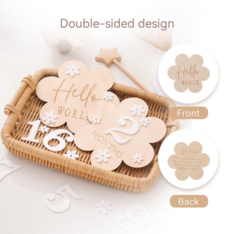 1Set Wooden Baby Month Milestone Card Flower Shape Record Card Newborn Birthday Gift Souvenir Baby Photo Photography Accessories.