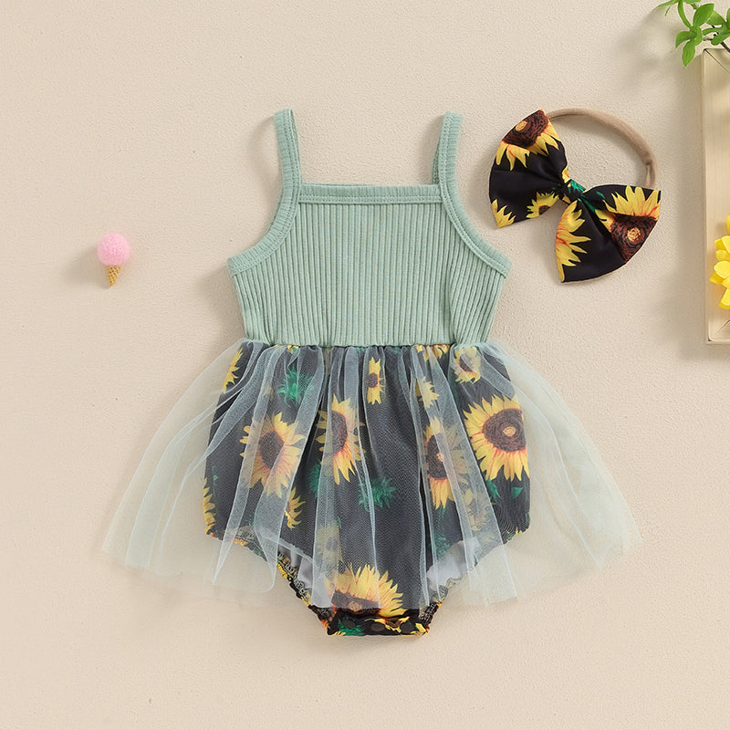 Baby Girls Rompers Dress Sunflower Print Spaghetti Strap Tulle Skirt Hem Infant Bodysuits Jumpsuit Summer Clothes with Headband.