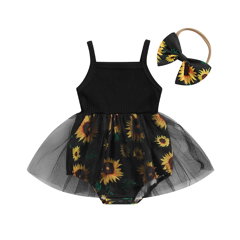 Baby Girls Rompers Dress Sunflower Print Spaghetti Strap Tulle Skirt Hem Infant Bodysuits Jumpsuit Summer Clothes with Headband.