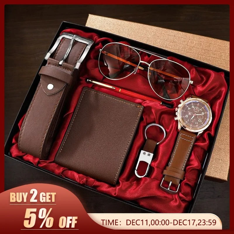 SHAARMS Men Gift Watch Business Luxury Company Mens Set 6 in 1 Watch Glasses Pen Keychain Belt Purse Welcome Holiday Birthday