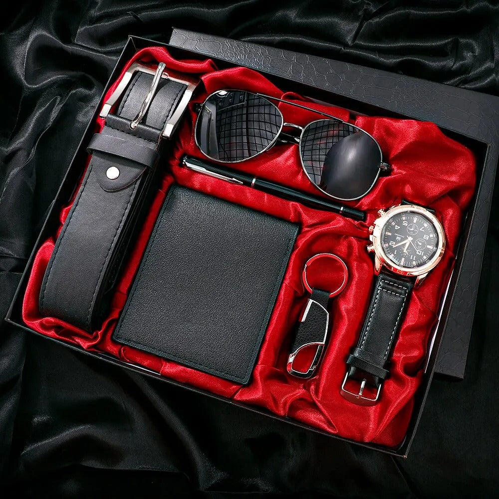 SHAARMS Men Gift Watch Business Luxury Company Mens Set 6 in 1 Watch Glasses Pen Keychain Belt Purse Welcome Holiday Birthday