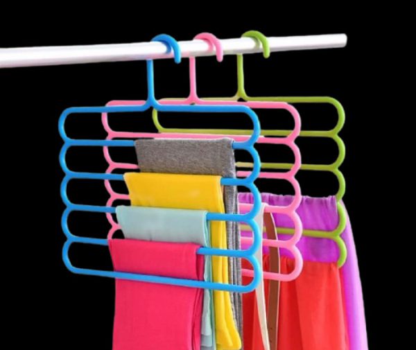 Multipurpose Multi-layer 5-in-1 Plastic Hanger Clothes Organiser For Wardrobe, Shirts, Ties, Pants Space Saving Hanger (2 pcs random Colors)