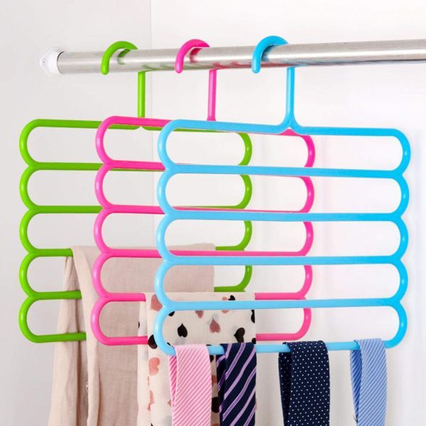 Multipurpose Multi-layer 5-in-1 Plastic Hanger Clothes Organiser For Wardrobe, Shirts, Ties, Pants Space Saving Hanger (2 pcs random Colors)